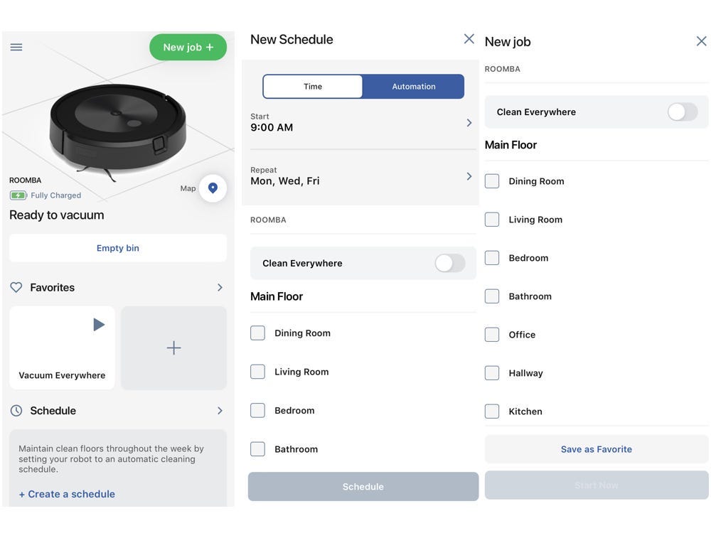 Images of the Roomba j7+ app for scheduling and starting a clean, roomba j7+ review