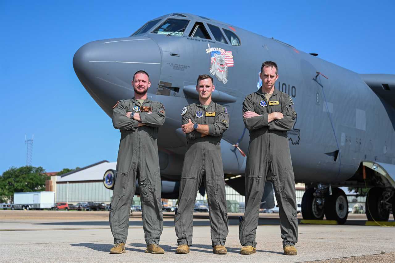 Capt. Charles Powell, 11th Bomb Squadron director of staff, Lt. Col. John Conway, Air Combat Command TRSS Detachment 13 commander, and Capt. Matthew Walls, 343 Bomb Squadron unit deployment manager, stand for their photo in front of a B-52H Stratofortress June 3, 2024 at Barksdale Air Force Base, La. They recently earned the Air Force Global Strike Command General Curtis E. LeMay award for the outstanding bomber crew category for overcoming multiple failures during a flight, but still managing to land the aircraft safely.