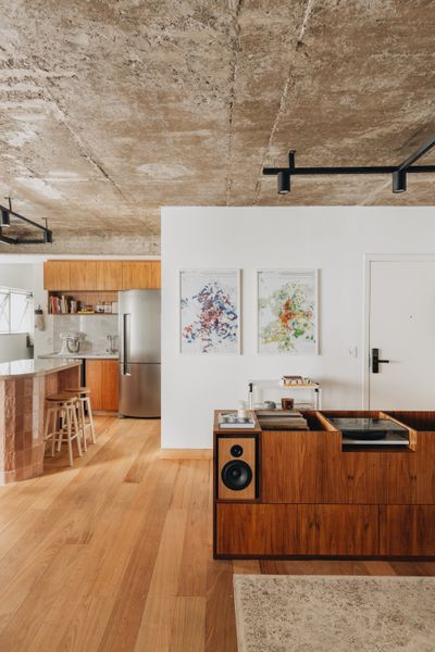 <span style="font-family: Theinhardt, -apple-system, BlinkMacSystemFont, "Segoe UI", Roboto, Oxygen-Sans, Ubuntu, Cantarell, "Helvetica Neue", sans-serif;">Custom cabinetry made from Freijó wood holds a pair of speakers, a turntable, and an extensive vinyl record collection.</span>