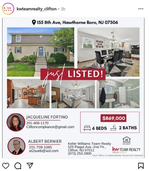Instagram post of a newly listed property in New Jersey.