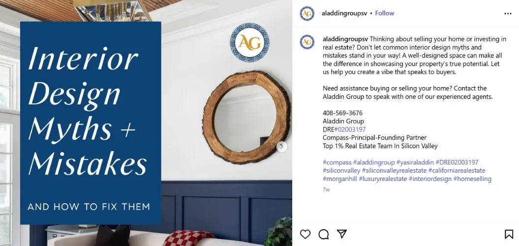 Instagram post of interior design myths and mistakes.