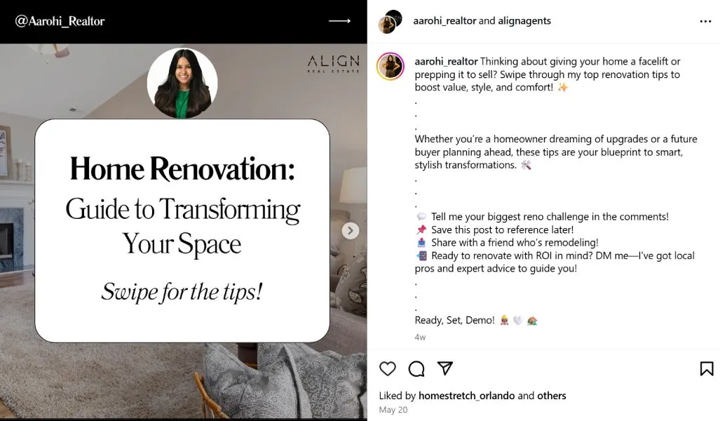 Instagram post with home renovation tips.