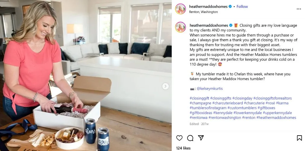 Instagram post showing a woman preparing a closing gift for a client.