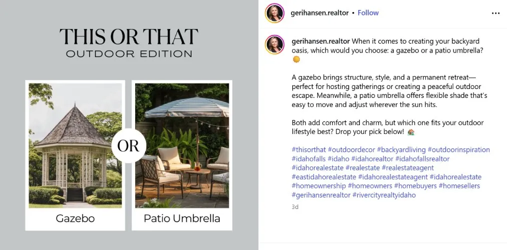 Instagram post example of "this or that" between gazebo and patio umbrella.