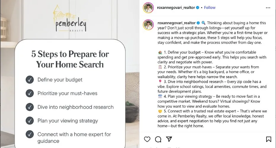 Instagram post with advice for first-time buyers.