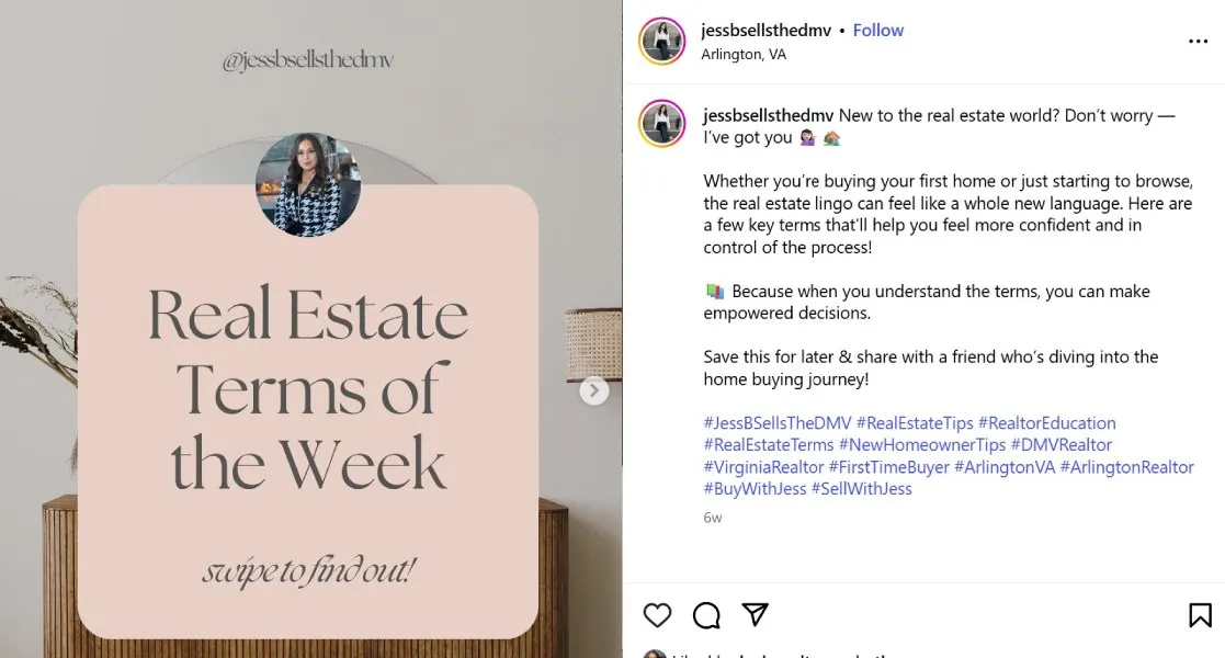 Instagram post explaining real estate terms of the week.