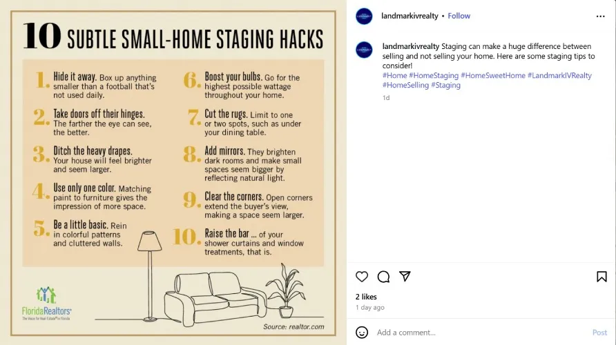 Instagram post with home staging hacks.