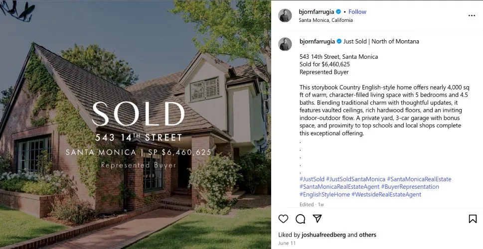 Instagram post of a just sold property in California.
