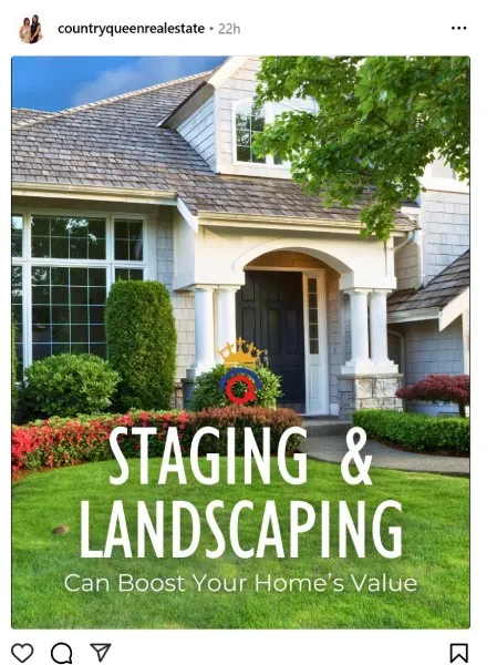 Instagram post about how to boost your home's value with staging and landscaping.