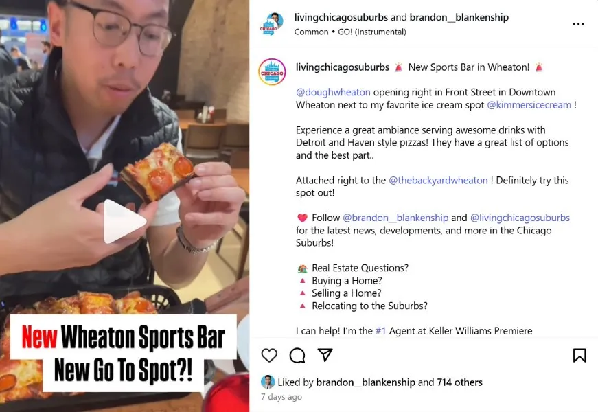 Instagram post of a realtor trying a new sports bar in Chicago.