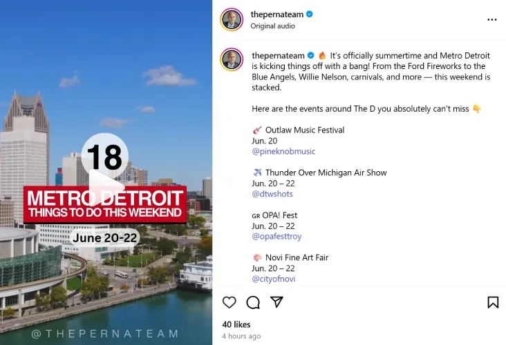 Instagram post of things to do in Detriot over the weekend.