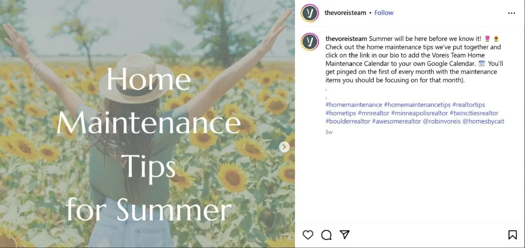 Instagram post of local home maintenance tips.
