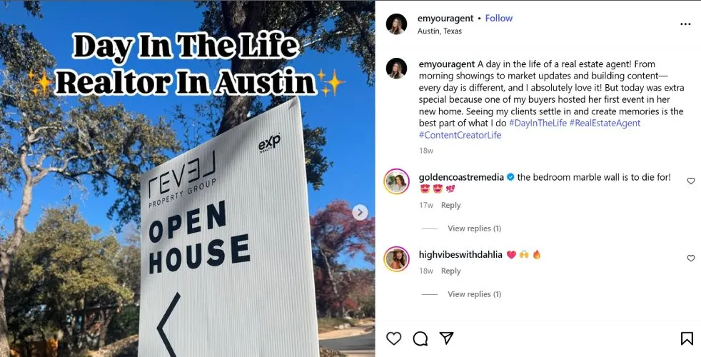 Instagram post of a day-in-the-life for a realtor in Austin, Texas.