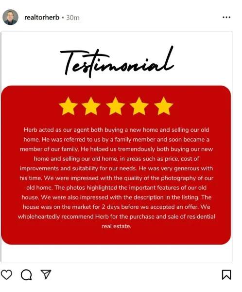 Instagram post of a positive testimonial from a client about their realtor.