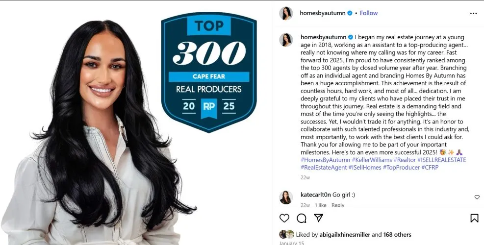 Instagram post of an agent sharing her successes.