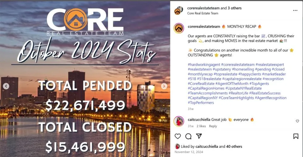 Instagram post of a real estate team's October 2024 stats.