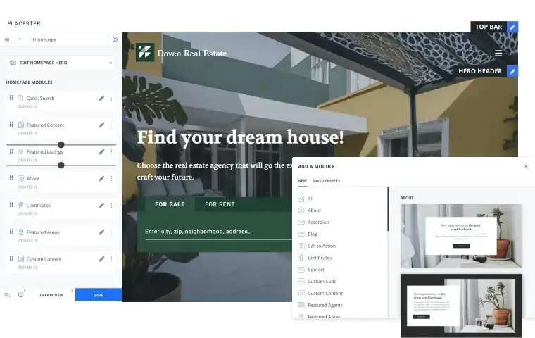 Screen displaying website building tools to the left and graphics to the right.