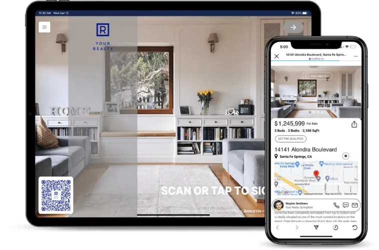 Tablet displaying a qr code with sign-in instructions to the left and a cell phone with property listing details to the right.