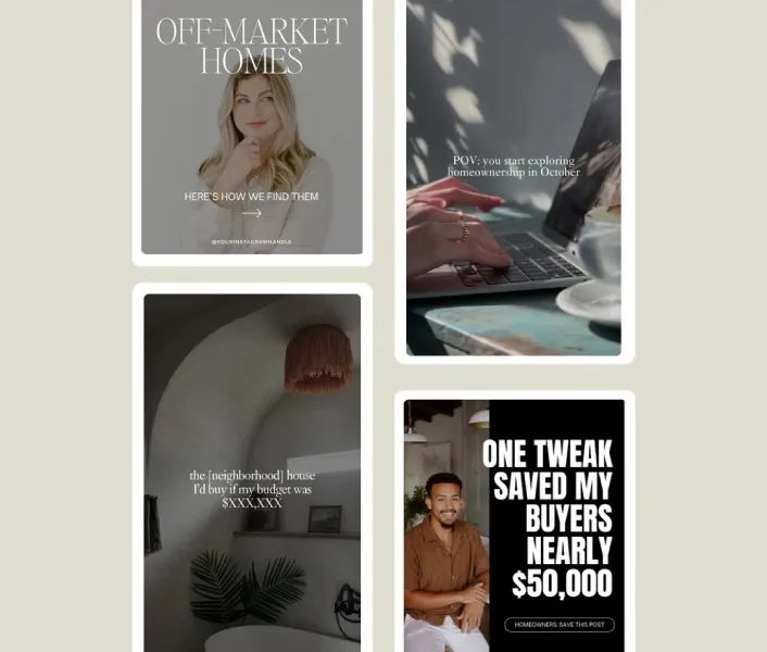 Four social media marketing examples outlined in white.
