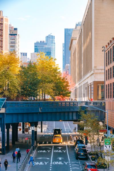 New York City, people walking on the High Line between Chelsea and Hudson Yards in autumn