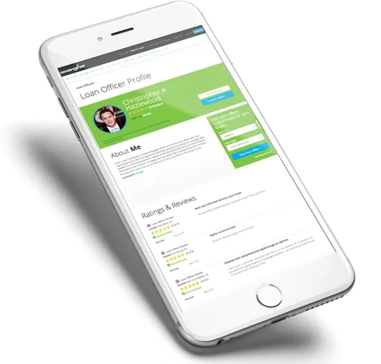Mobile phone display of LendingTree's loan officer profile.