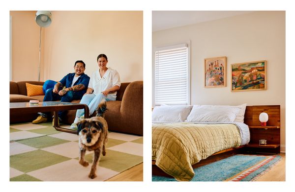 On the left, Hailee, Chuck, and their dog Gus; on the right, a vignette from the primary bedroom.