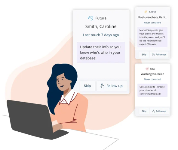 Cartoon depiction of a woman at a laptop to the left with examples of contact notes to the top right.