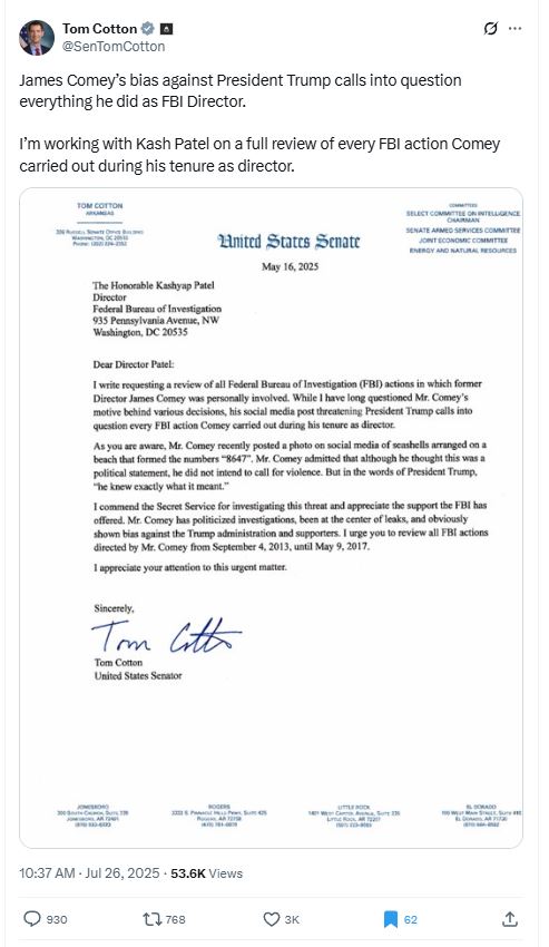 Senator Tom Cotton Says He’s Working with Kash Patel to Investigate James Comey – Trump Supporters Are Not Buying It