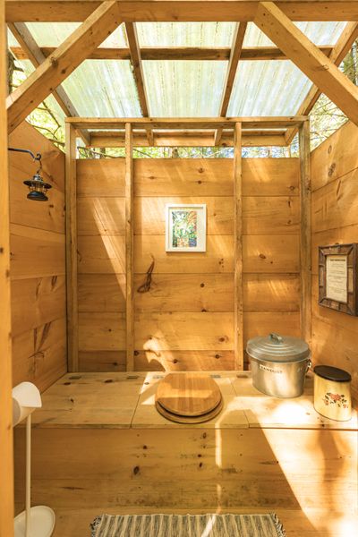 The composting toilet is situated in an outhouse on the property.