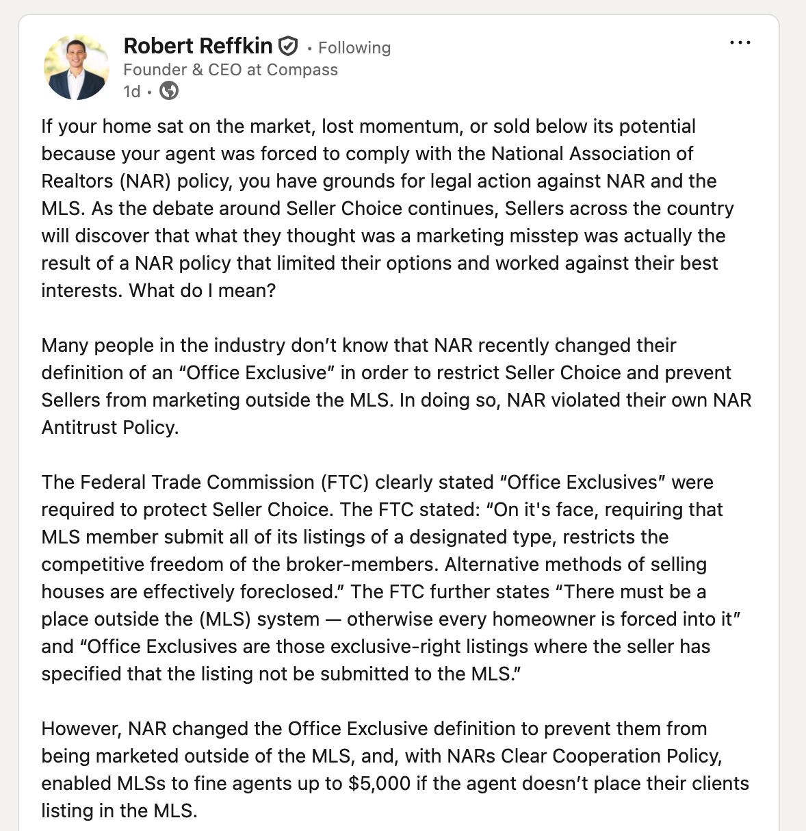 Robert Reffkin takes aim at NAR in latest social media post