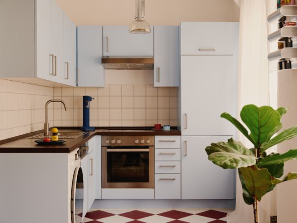 Underneath the powder-blue cabinets and checkerboard vinyl flooring is the kitchen his landlord installed in the flat before Charly moved in.