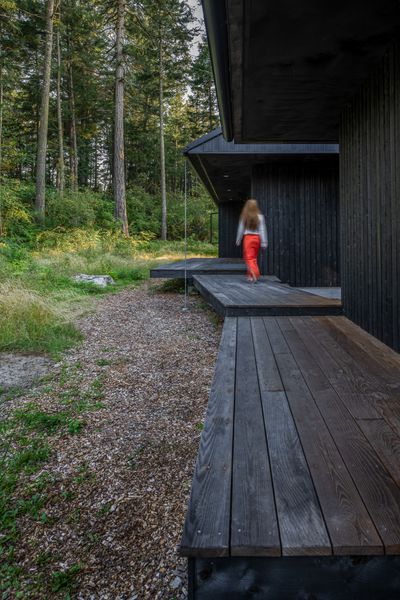 The cabin's structures are clad in stained cedar, and the boardwalk is crafted from thermally modified ash decking treated for weather resistance.