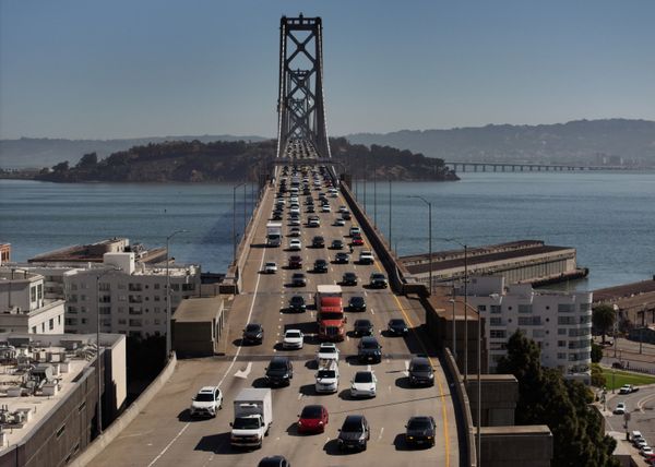 SAN FRANCISCO, CALIFORNIA - MAY 19: In an aerial view, traffic moves on the San Francisco-Oakland Bay Bridge on May 19, 2025 in San Francisco, California. Republican lawmakers in Washington DC are poised to vote on waivers that allow California to set its own emission standards.