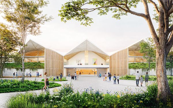 A rendering of the proposed museum includes green spaces, walkways, and a refreshed facade.