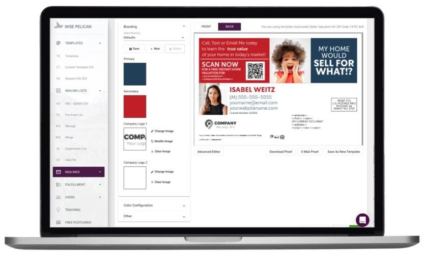 An opened laptop displaying a real estate postcard template.