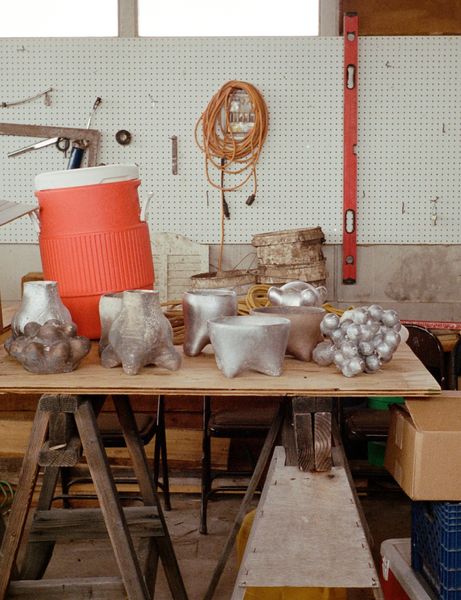 In collaboration with Anderson Ranch Arts Center, Rael worked with cast aluminum and bronze to form objects based on his 3-D printed models. The garage-turned-workshop adjacent to his home, which houses power tools and practical elements of life on the farm, has also been a factory of experimentation.