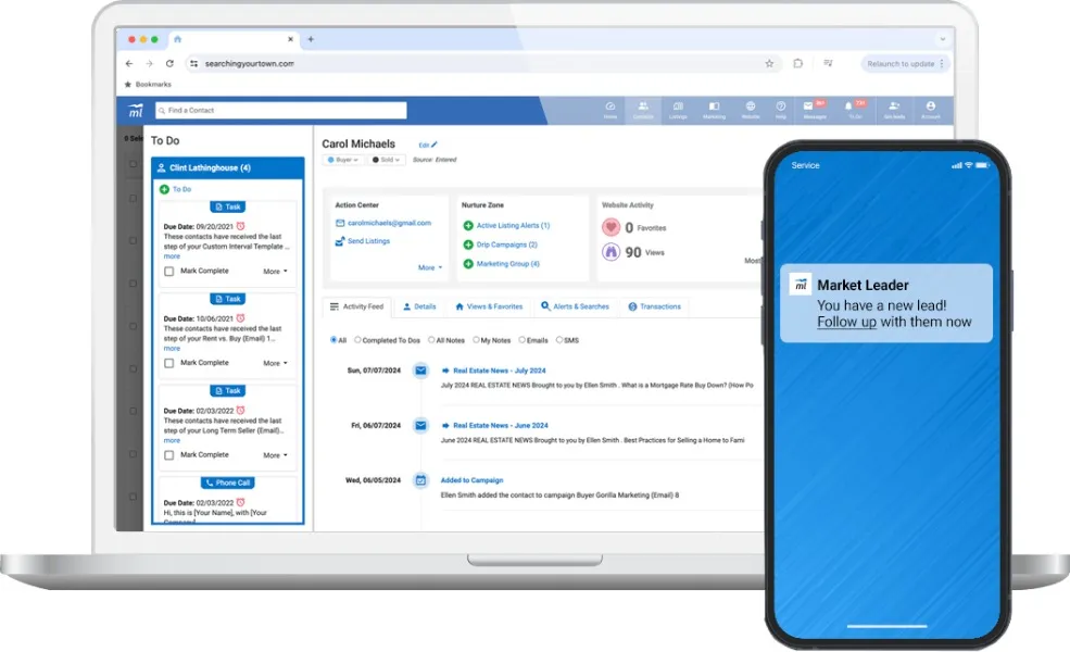 Market Leader interface shown on laptop and mobile.