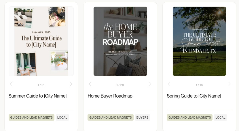 Screenshot of marketing material templates from Coffee and Contracts.