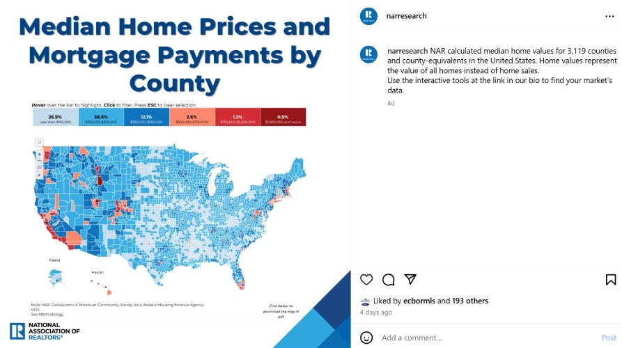 Instagram post of an infographic about median home prices and mortgage payments from NAR.