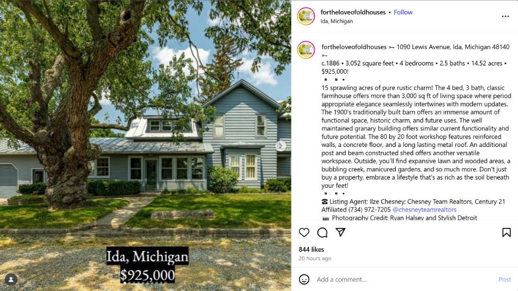 Instagram post from @fortheloveofoldhouses of a home in Ida, Michigan.