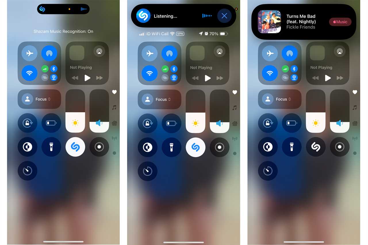 iphone settings showing shazam identifying a song