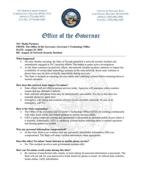 Nevada State Government Shut Down for Second Day in a Row Due to System Hack