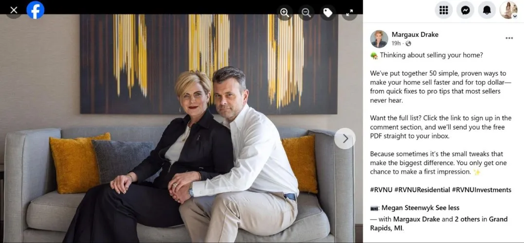 Real estate ad for sellers, offering a list of 50 ways to sell your home. with image of agents.