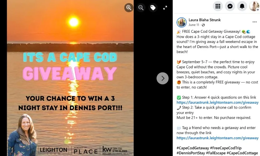 Real estate giveaway to win a 3 night stay on cape cod. photo of a sunset