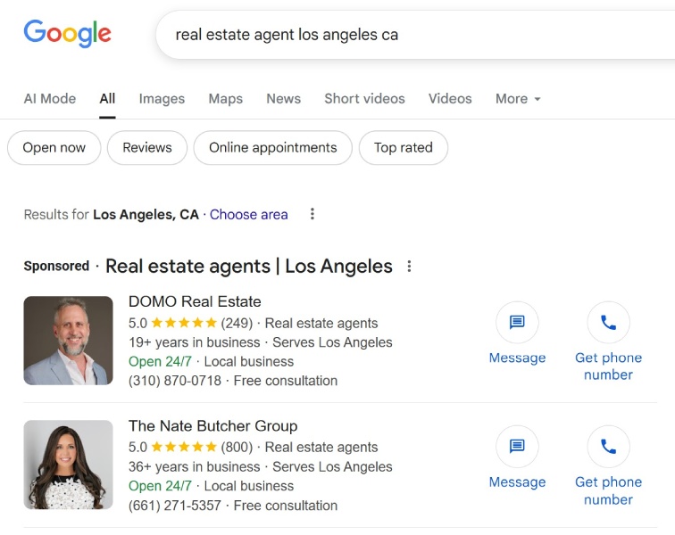 Google results for real estate agents in Los Angeles, CA.