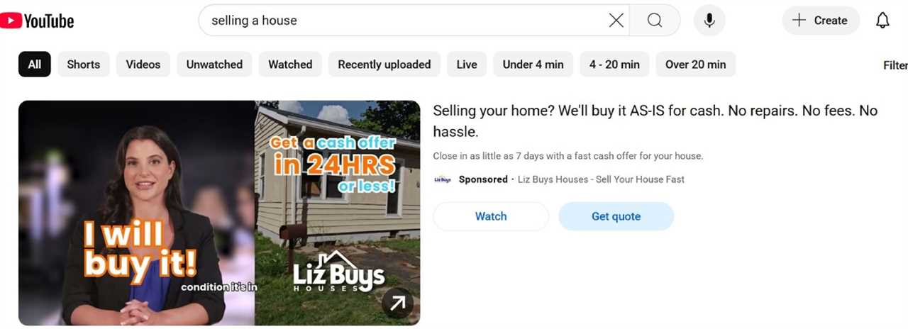 Youtube ad with woman offering as is cash deals for home sellers