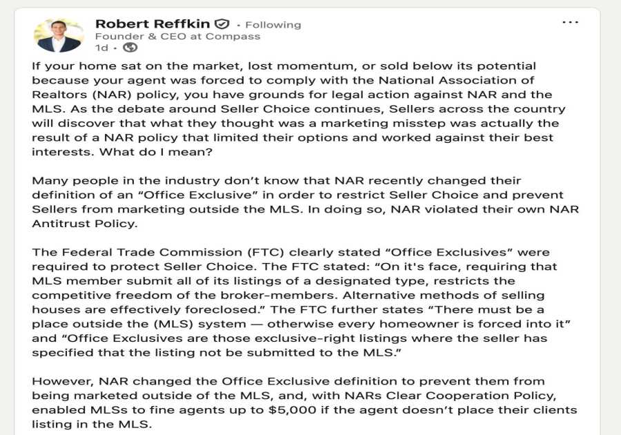 Robert Reffkin takes aim at NAR in latest social media post