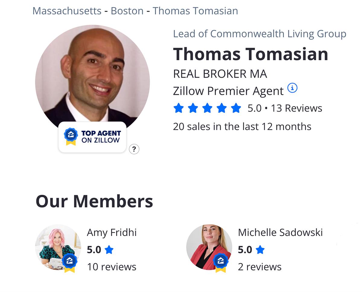 Feature of Zillow Premier Agent Thomas Tomasian and other members Amy Fridhi and Michelle Sadowski.