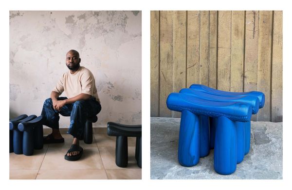 Olorunfemi Adewuyi of Omi Collective's OS2 stool, pictured on the right, takes inspiration from tropical modernism.