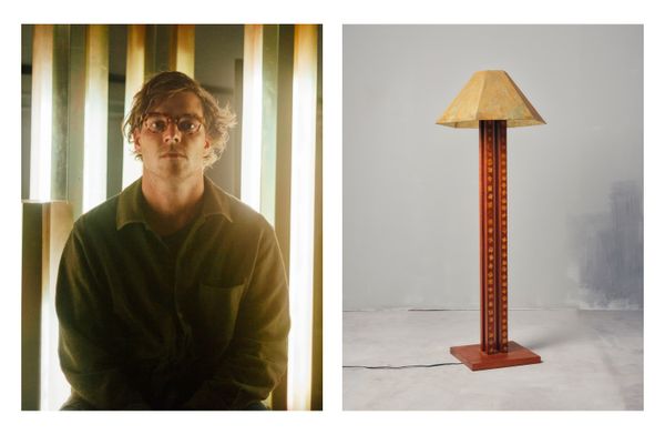 Art director turned designer Rafael Triboli uses wood inlaid with carnauba wax for his work, like this floor lamp, pictured on the right.